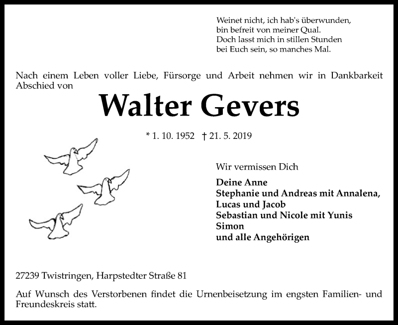 Traueranzeige für Walter Gevers vom 24.05.2019 aus SYK