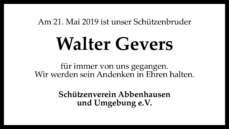  Traueranzeige für Walter Gevers vom 24.05.2019 aus SYK
