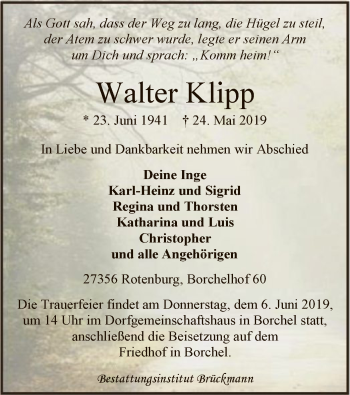 Traueranzeige von Walter Klipp von SYK