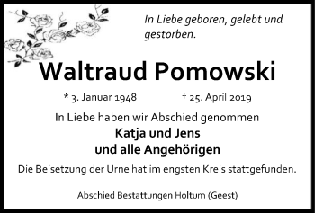 Traueranzeige von Waltraud Pomowski von SYK