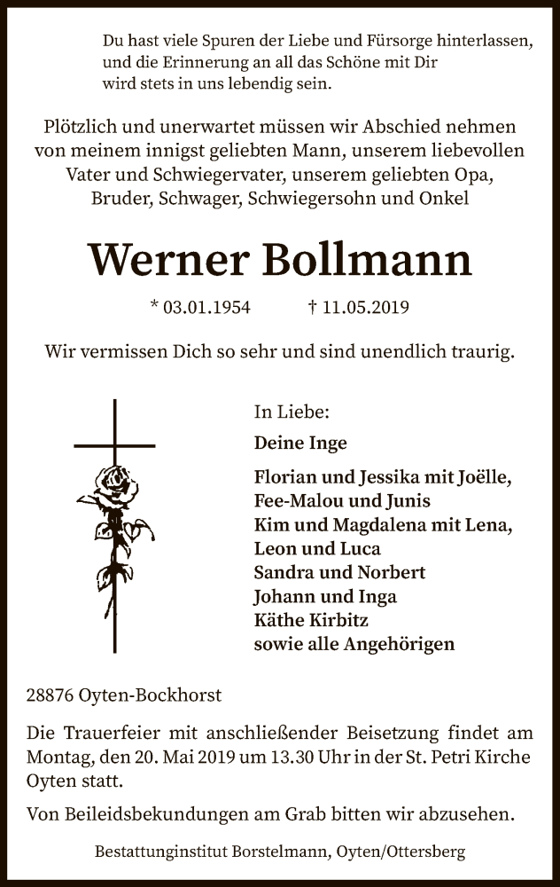  Traueranzeige für Werner Bollmann vom 15.05.2019 aus SYK