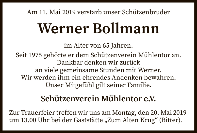  Traueranzeige für Werner Bollmann vom 16.05.2019 aus SYK