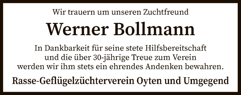  Traueranzeige für Werner Bollmann vom 15.05.2019 aus SYK