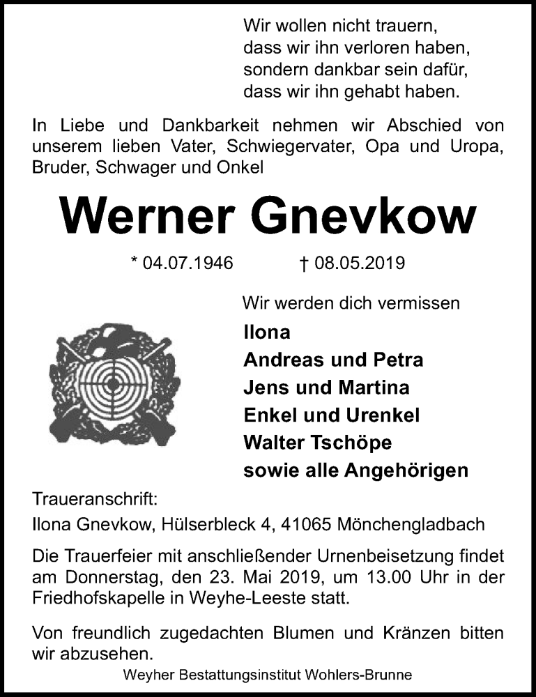  Traueranzeige für Werner Gnevkow vom 11.05.2019 aus SYK