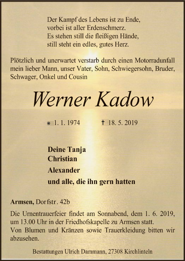  Traueranzeige für Werner Kadow vom 28.05.2019 aus SYK