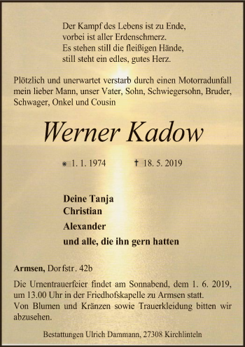 Traueranzeige von Werner Kadow von SYK