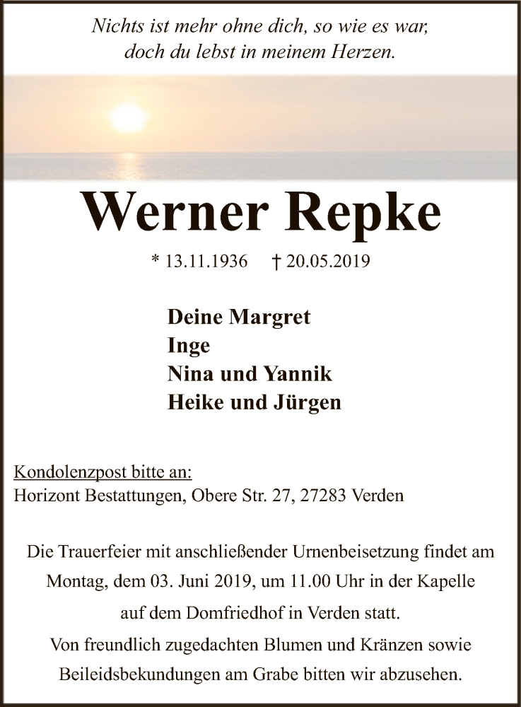  Traueranzeige für Werner Repke vom 29.05.2019 aus SYK