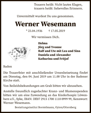 Traueranzeige von Werner Wesemann von SYK