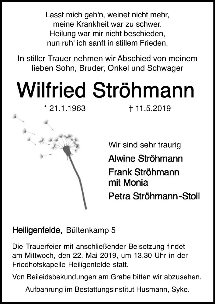  Traueranzeige für Wilfried Ströhmann vom 14.05.2019 aus SYK