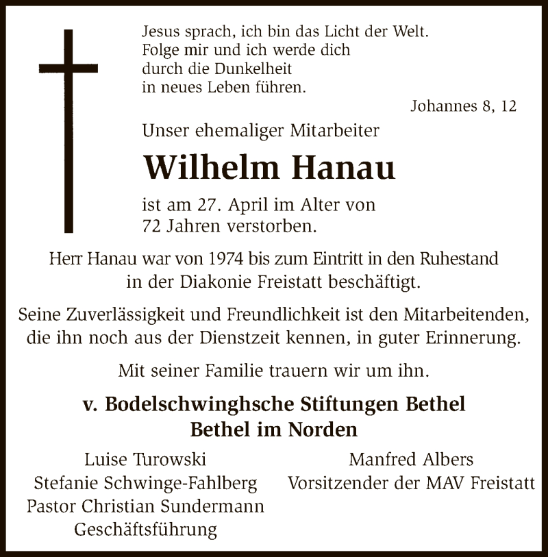  Traueranzeige für Wilhelm Hanau vom 03.05.2019 aus SYK