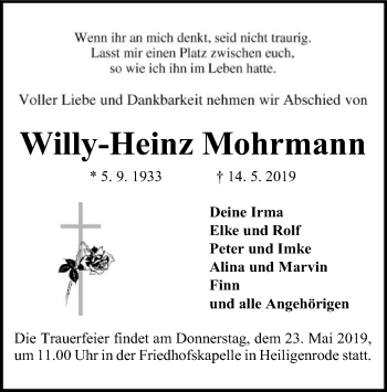 Traueranzeige von Willy-Heinz Mohrmann von SYK