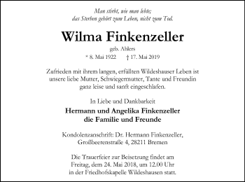 Traueranzeige von Wilma Finkenzeller von SYK