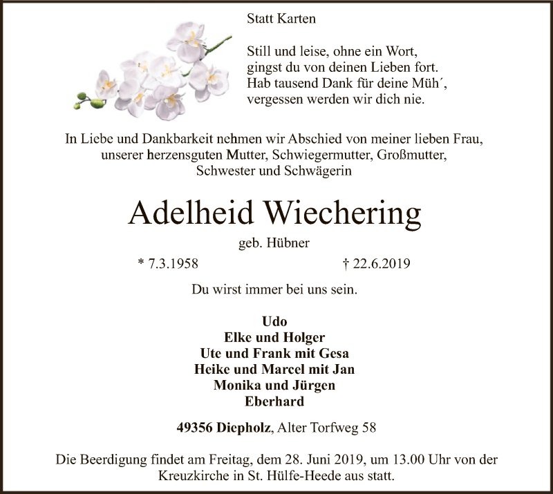  Traueranzeige für Adelheid Wiechering vom 26.06.2019 aus SYK