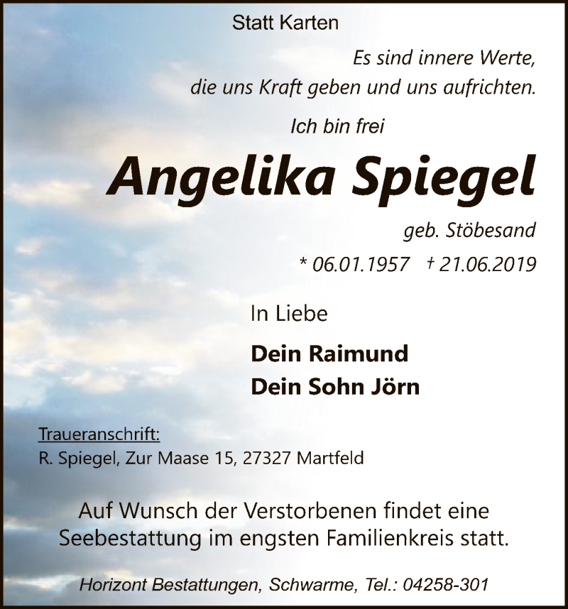 Traueranzeige für Angelika Spiegel vom 29.06.2019 aus SYK