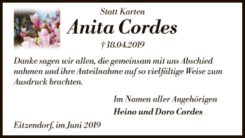 Traueranzeige von Anita Cordes von SYK