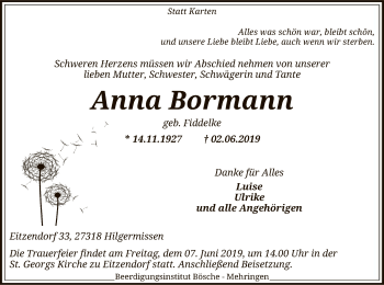 Traueranzeige von Anna Bormann von SYK