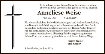 Traueranzeige von Anneliese Weise von SYK