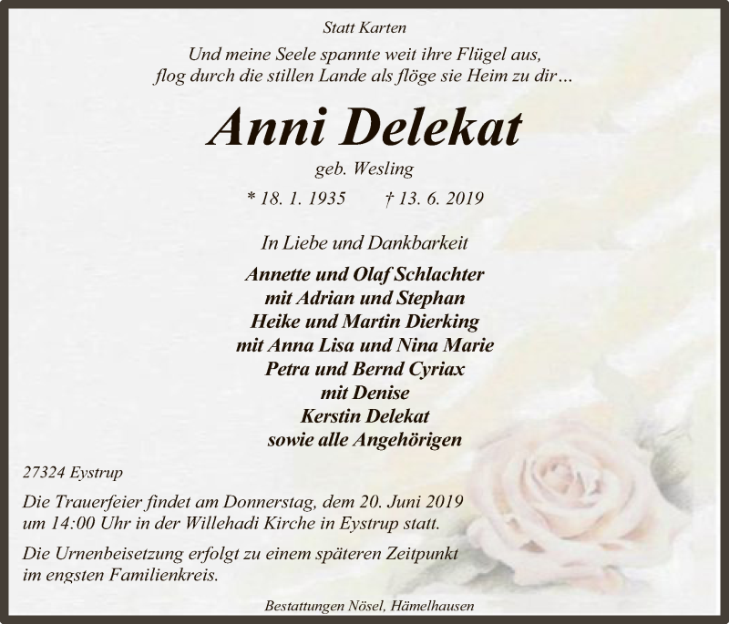  Traueranzeige für Anni Delekat vom 15.06.2019 aus SYK
