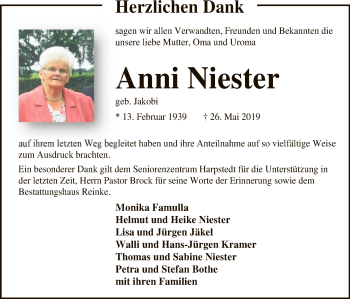 Traueranzeige von Anni Niester von SYK