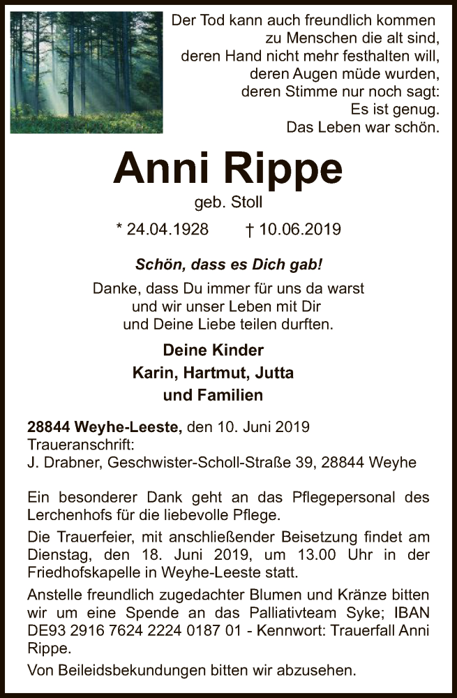  Traueranzeige für Anni Rippe vom 13.06.2019 aus SYK