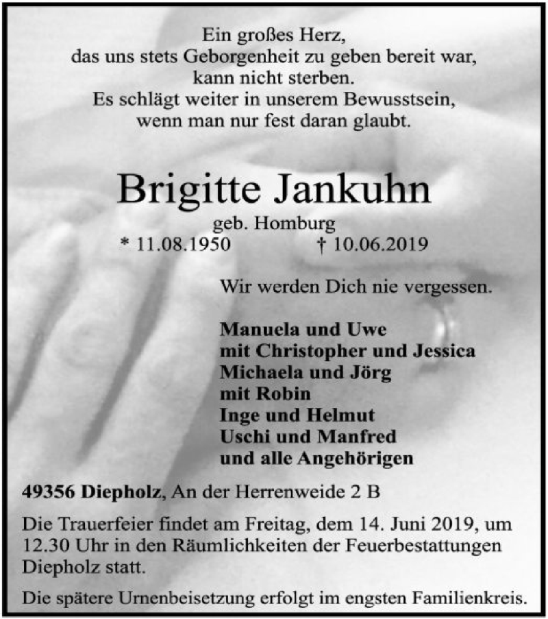  Traueranzeige für Brigitte Jankuhn vom 12.06.2019 aus SYK