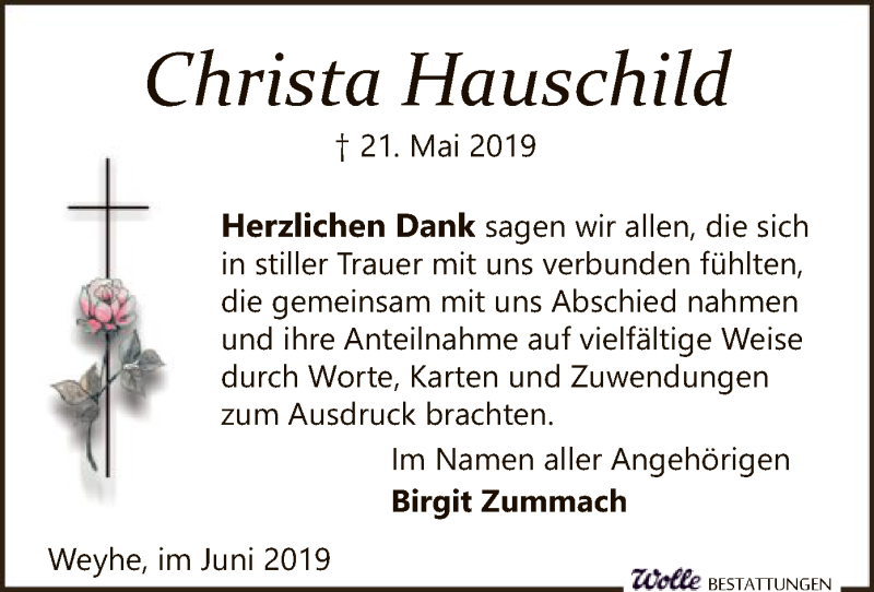  Traueranzeige für Christa Hauschild vom 22.06.2019 aus SYK