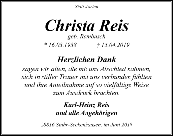 Traueranzeige von Christa Reis von SYK