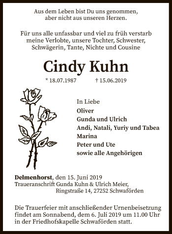 Traueranzeige von Cindy Kuhn von SYK