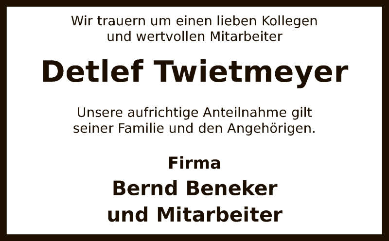  Traueranzeige für Detlef Twietmeyer vom 08.06.2019 aus SYK