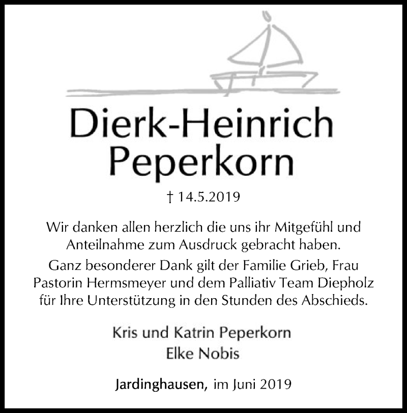  Traueranzeige für Dierk-Heinrich Peperkorn vom 15.06.2019 aus SYK