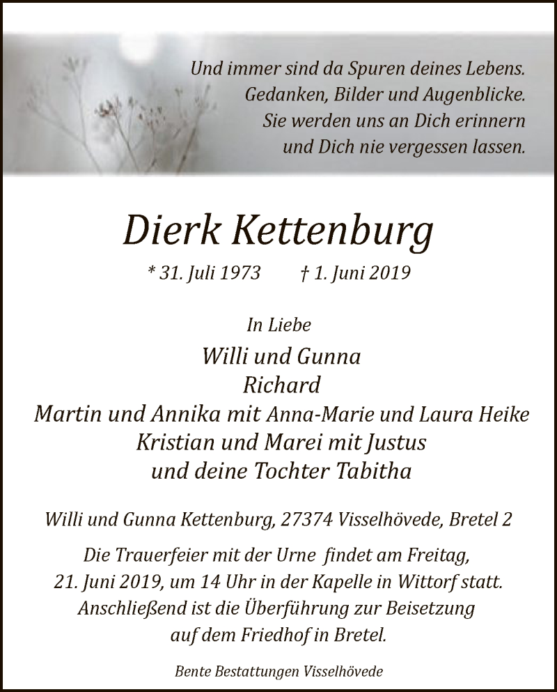  Traueranzeige für Dierk Kettenburg vom 15.06.2019 aus SYK