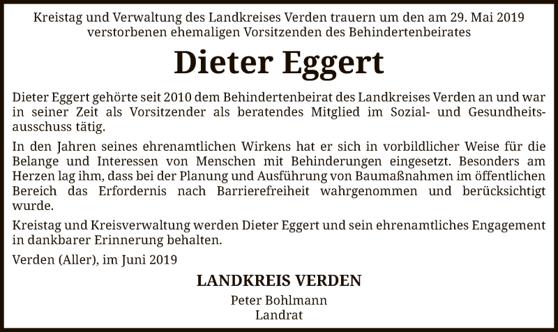  Traueranzeige für Dieter Eggert vom 06.06.2019 aus SYK