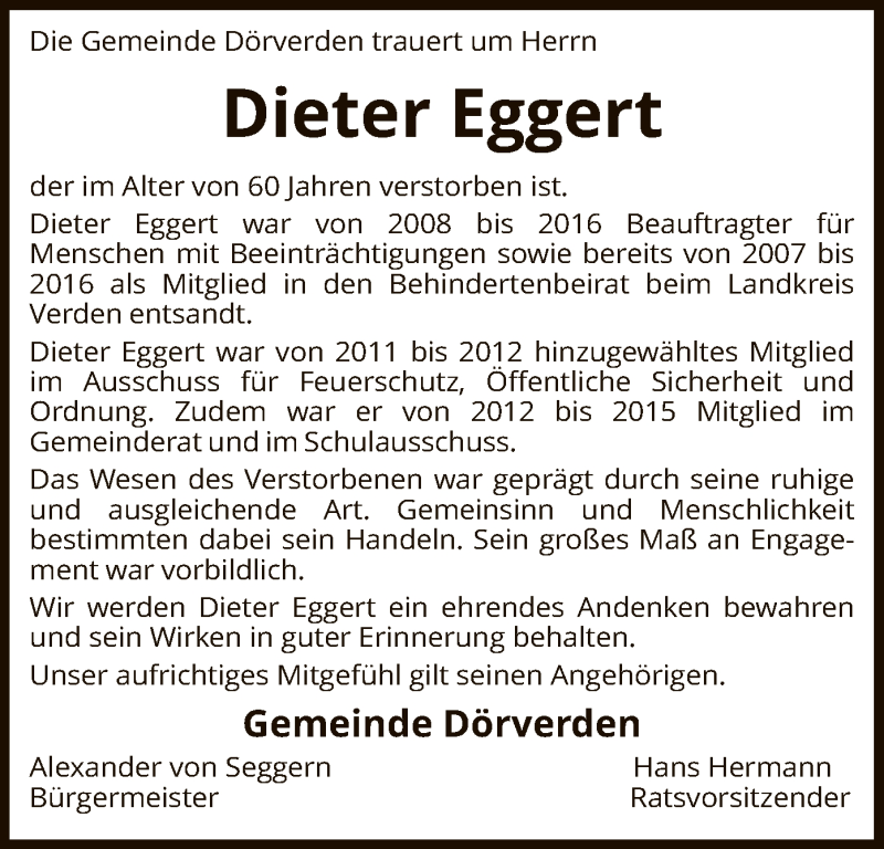  Traueranzeige für Dieter Eggert vom 05.06.2019 aus SYK