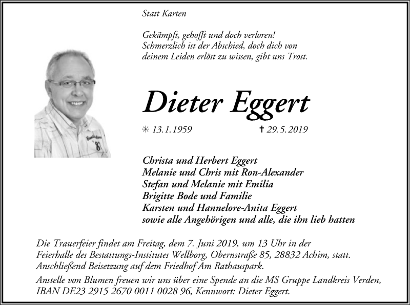  Traueranzeige für Dieter Eggert vom 04.06.2019 aus SYK