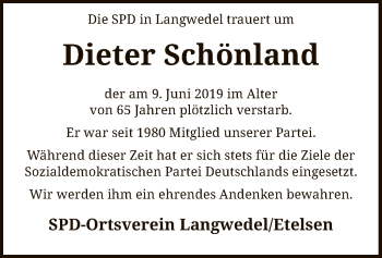 Traueranzeige von Dieter Schönland von SYK