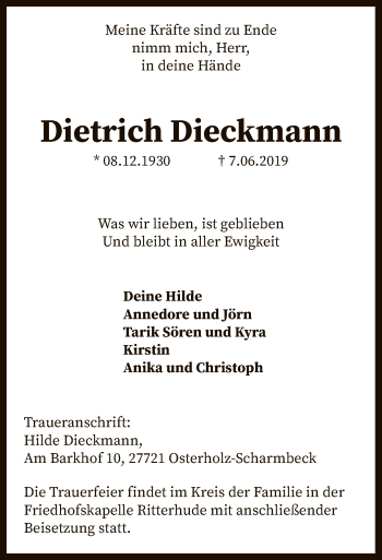 Traueranzeige von Dietrich Dieckmann von SYK