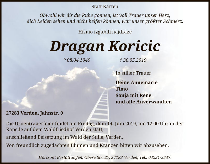  Traueranzeige für Dragan Koricic vom 11.06.2019 aus SYK