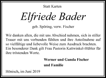 Traueranzeige von Elfriede Bader von SYK