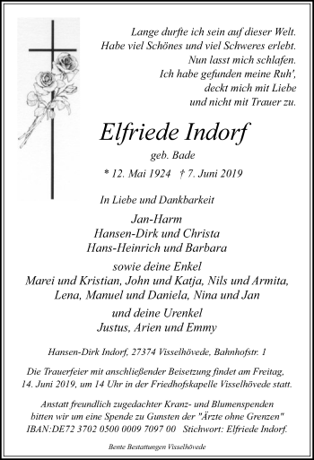 Traueranzeige von Elfriede Indorf von SYK