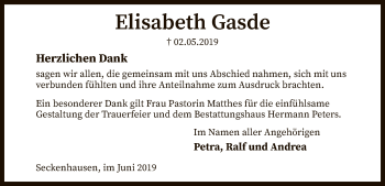 Traueranzeige von Elisabeth Gasde von SYK