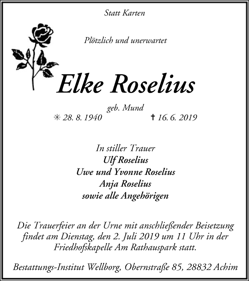  Traueranzeige für Elke Roselius vom 22.06.2019 aus SYK