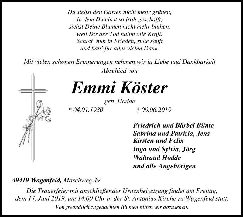  Traueranzeige für Emmi Köster vom 08.06.2019 aus SYK
