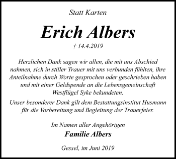 Traueranzeige von Erich Albers von SYK