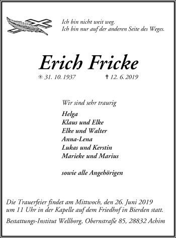 Traueranzeige von Erich Fricke von SYK