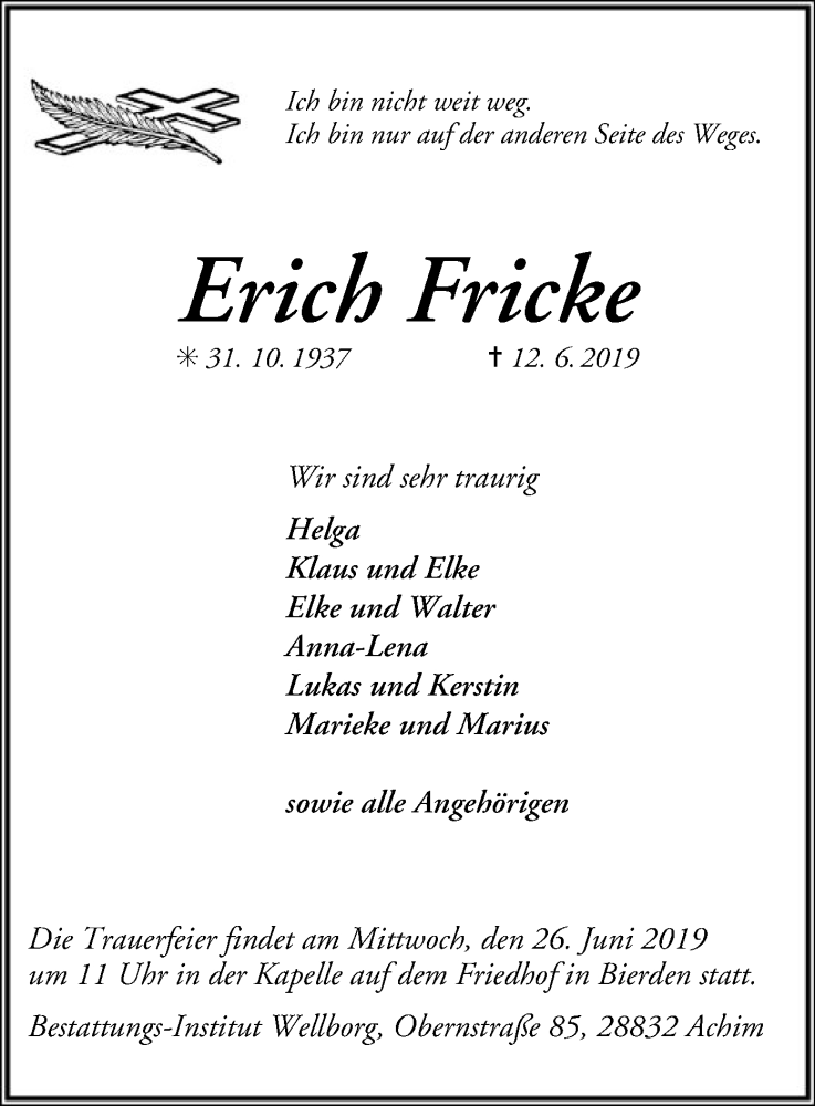  Traueranzeige für Erich Fricke vom 20.06.2019 aus SYK