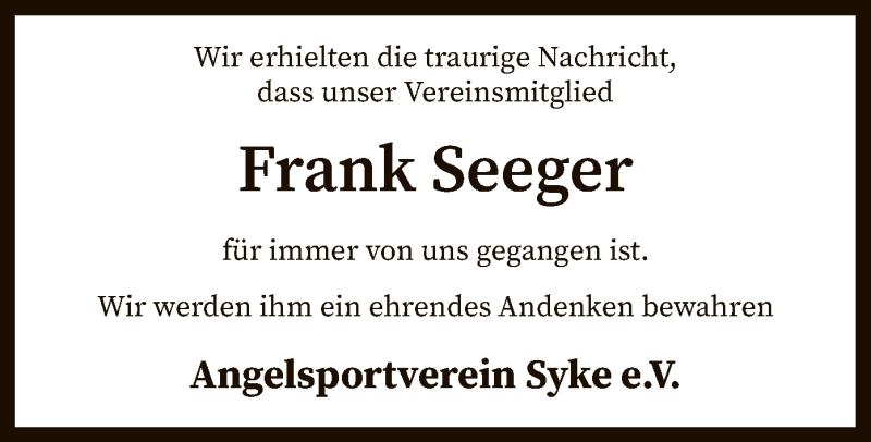  Traueranzeige für Frank Seeger vom 19.06.2019 aus SYK