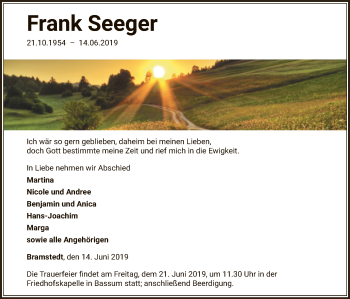 Traueranzeige von Frank Seeger von SYK