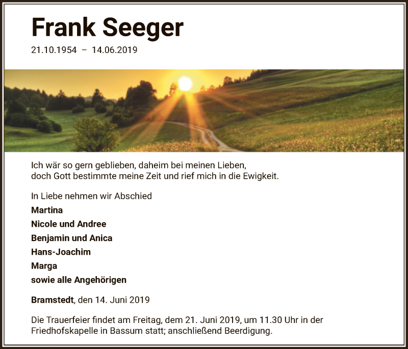  Traueranzeige für Frank Seeger vom 18.06.2019 aus SYK