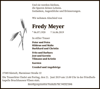 Traueranzeige von Fredy Meyer von SYK