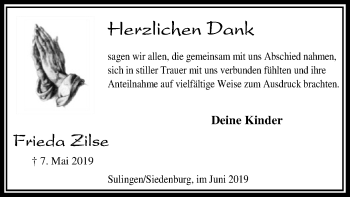 Traueranzeige von Frieda Zilse von SYK